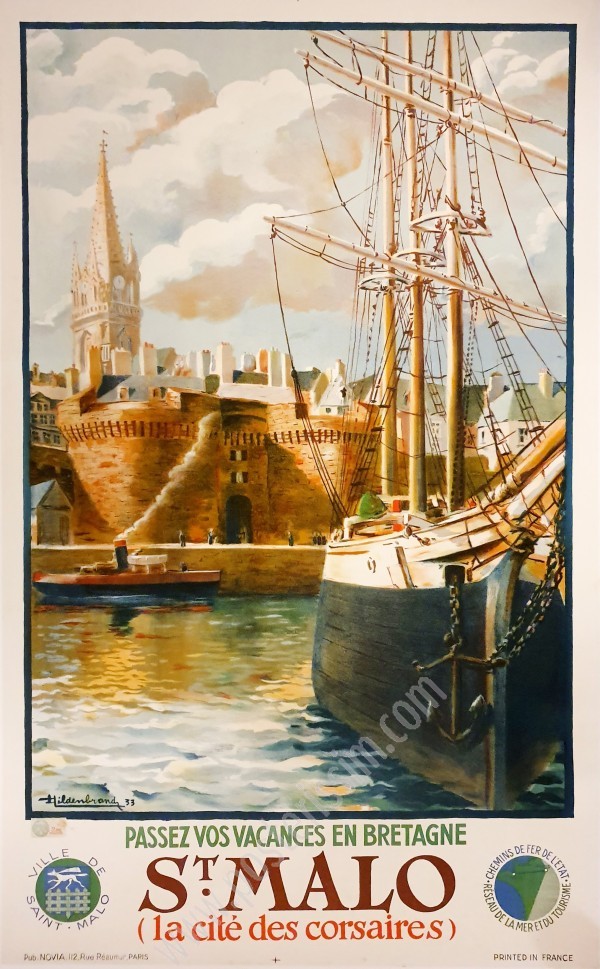 Affiche ancienne originale des Chemins de fer de l'Etat, Saint-Malo, la cité des corsaires-posterissim