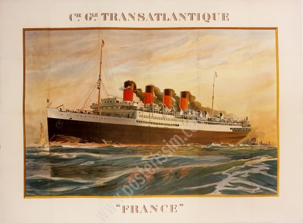 Affiche ancienne originale de la Compagnie Générale Transatlantique, le France-posterissim