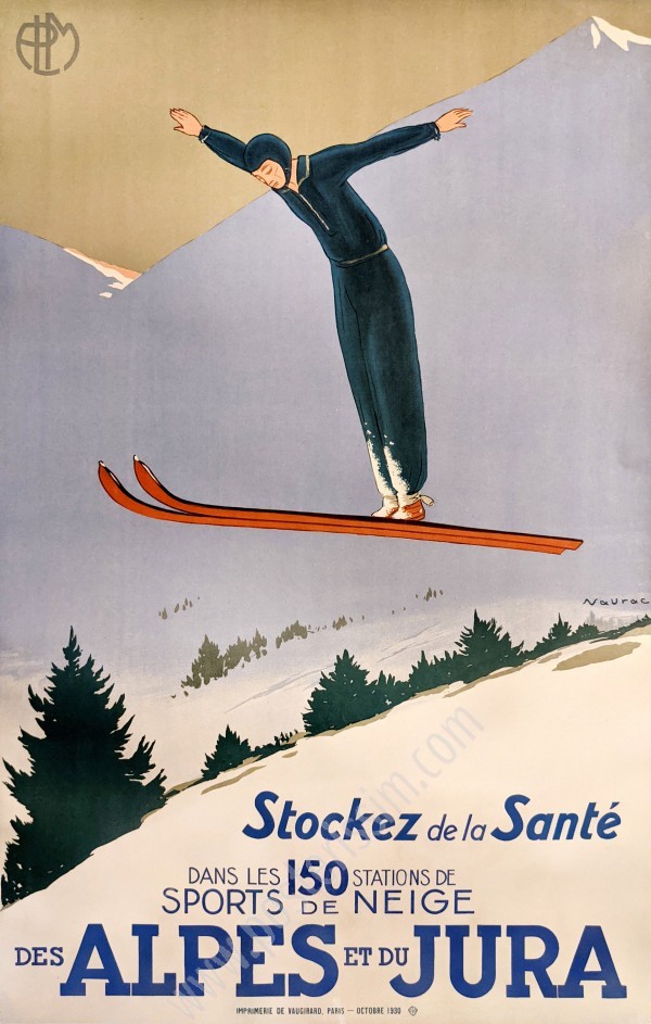 Affiche ancienne originale PLM Sports d'hiver, stockez de la santé dans les Alpes et le Jura-posterissim