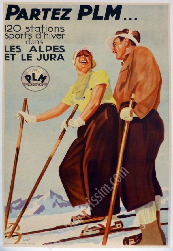 Affiche ancienne originale Partez PLM : 120 stations sports d'hiver dans les Alpes et le Jura-posterissim