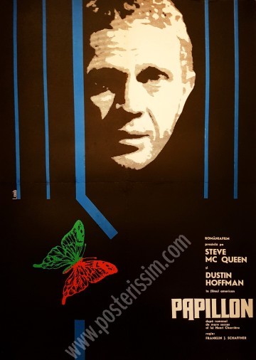 Affiche ancienne originale roumaine du film Papillon, réalisé par Franklin J. Schaffner et sorti en 1973-posterissim