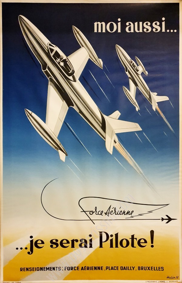 Affiche ancienne originale de la Force aérienne belge, Moi aussi je serai pilote-posterissim