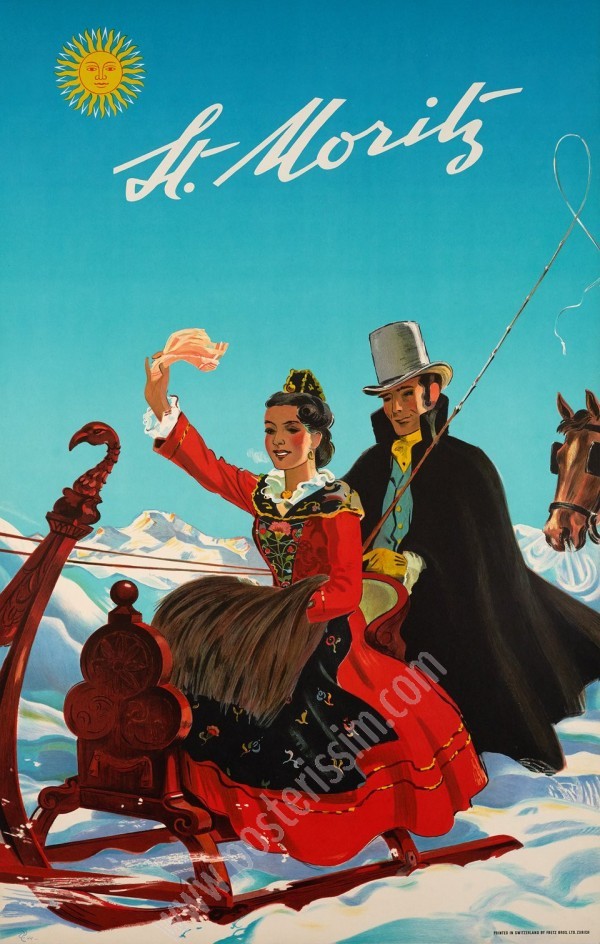 Affiche ancienne originale St. Moritz, sports d'hiver-posterissim