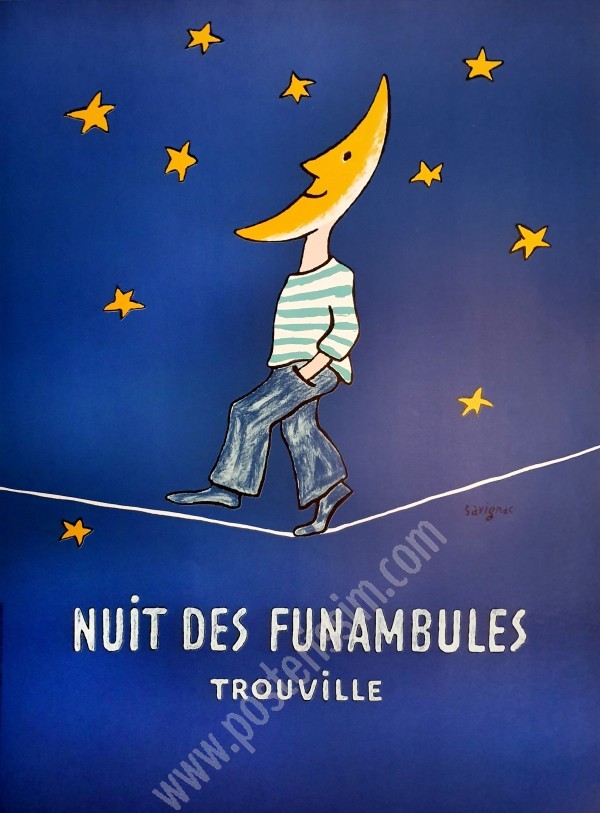 Affiche ancienne originale de Raymond Savignac faisant la promotion de la Nuit des Funambules de Trouville en 1985-posterissim