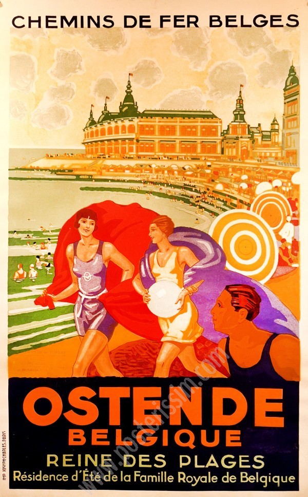 Affiche ancienne originale, Chemins de fer belges: Ostende-posterissim