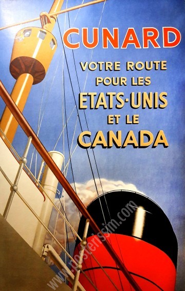 Affiche ancienne originale de voyage de la Cunard Line : Etats-Unis et Canada-posterissim