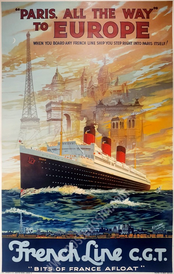 Affiche ancienne de la Compagnie Générale Transatlantique French Line, Paris to Europe-posterissim