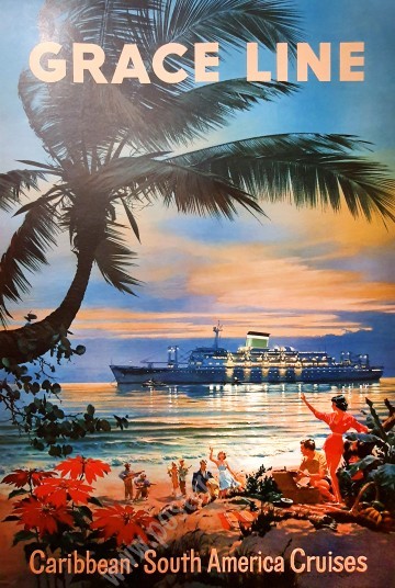 Affiche ancienne originale de voyage : L'Amérique du Sud et des Caraïbes avec Grace Line-posterissim