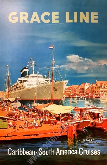 Affiche ancienne originale Grace Line cruises, vers l'Amérique du Sud et des Caraïbes-posterissim