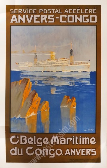 Affiche ancienne originale Service postal accéléré par la Compagnie belge maritime du Congo-Anvers-posterissim