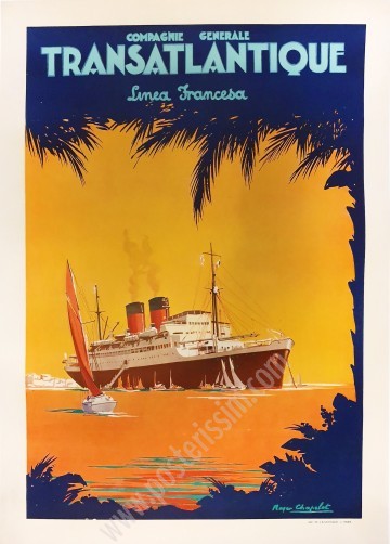 Affiche ancienne originale Compagnie Générale Transatlantique, Linea Francesa-posterissim