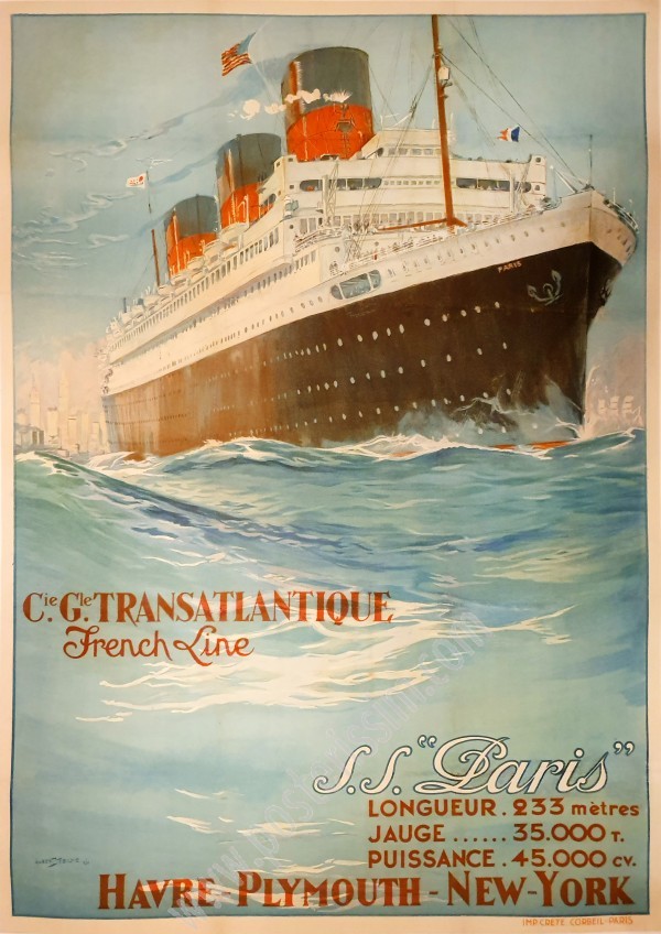 Affiche ancienne de voyage de la Compagnie Générale Transatlantique: S.S. Paris-posterissim