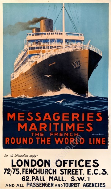 Affiche ancienne originale Messageries Maritimes : The French round the world line, Sandy Hook-posterissim