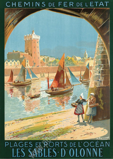 Affiche ancienne originale des Chemins de fer de l'Etat : Plages et ports de l'Océan, les Sables-d'Olonne-posterissim