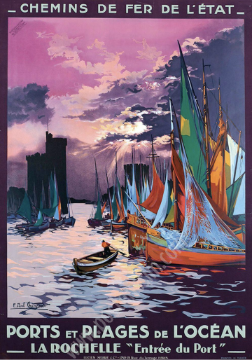 Affiche ancienne originale des Chemins de fer de l'Etat : Ports et plages de l'Océan, La Rochelle-posterissim