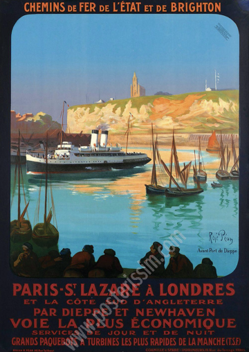 Affiche ancienne originale des Chemins de fer de l'Etat et de Brighton, Paris-St.Lazare à Londres-posterissim