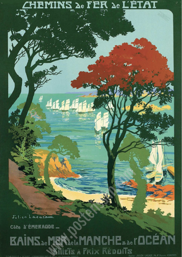 Affiche ancienne de voyage illustrée par Julien Lacaze : Chemins de fer de l'Etat : Côte d’Emeraude-posterissim