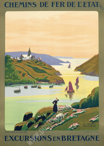 Affiche ancienne originale des Chemins de fer de l'Etat circa 1940 : Excursions en Bretagne-posterissim