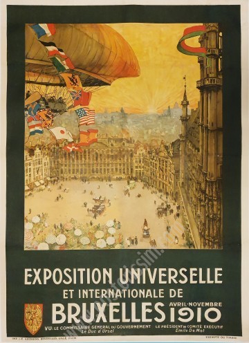 Affiche ancienne originale de l'Exposition Universelle de Bruxelles en 1910-posterissim