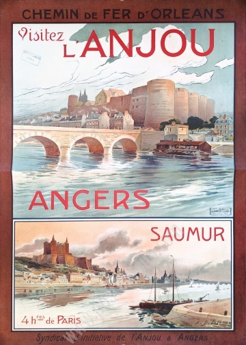 Affiche ancienne originale Chemin de fer d'Orléans : Visitez l'Anjou, Angers, Saumur-posterissim