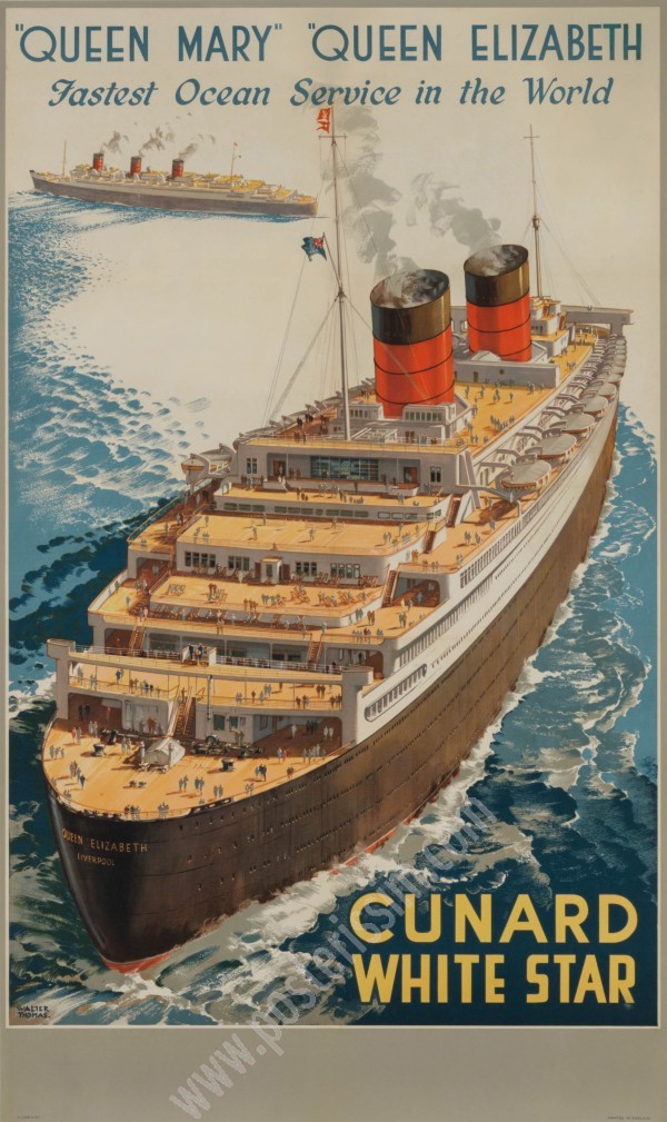 Affiche ancienne originale Cunard-White Star Line : Queen Mary, Queen Elizabeth-posterissim